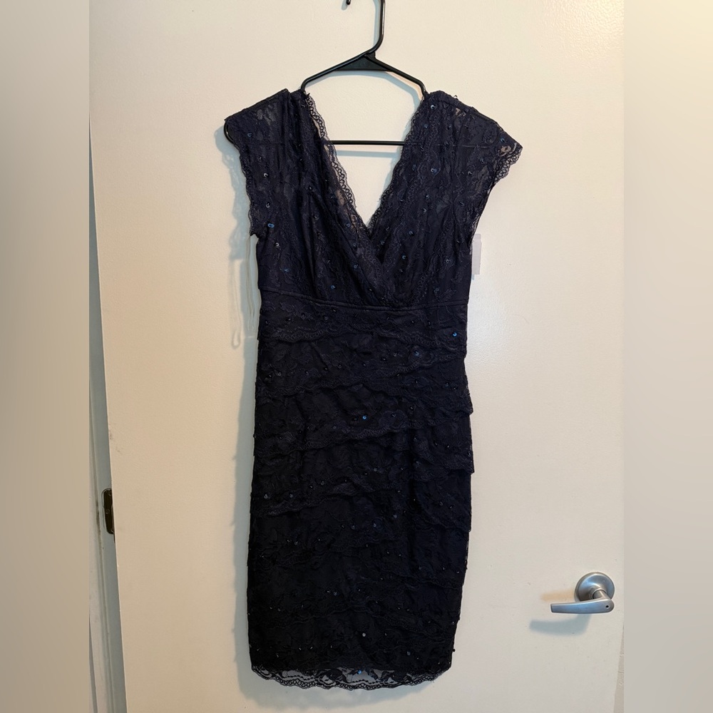 JS Collections Blue Sheath Dress V-Neck Flutter Sleeve